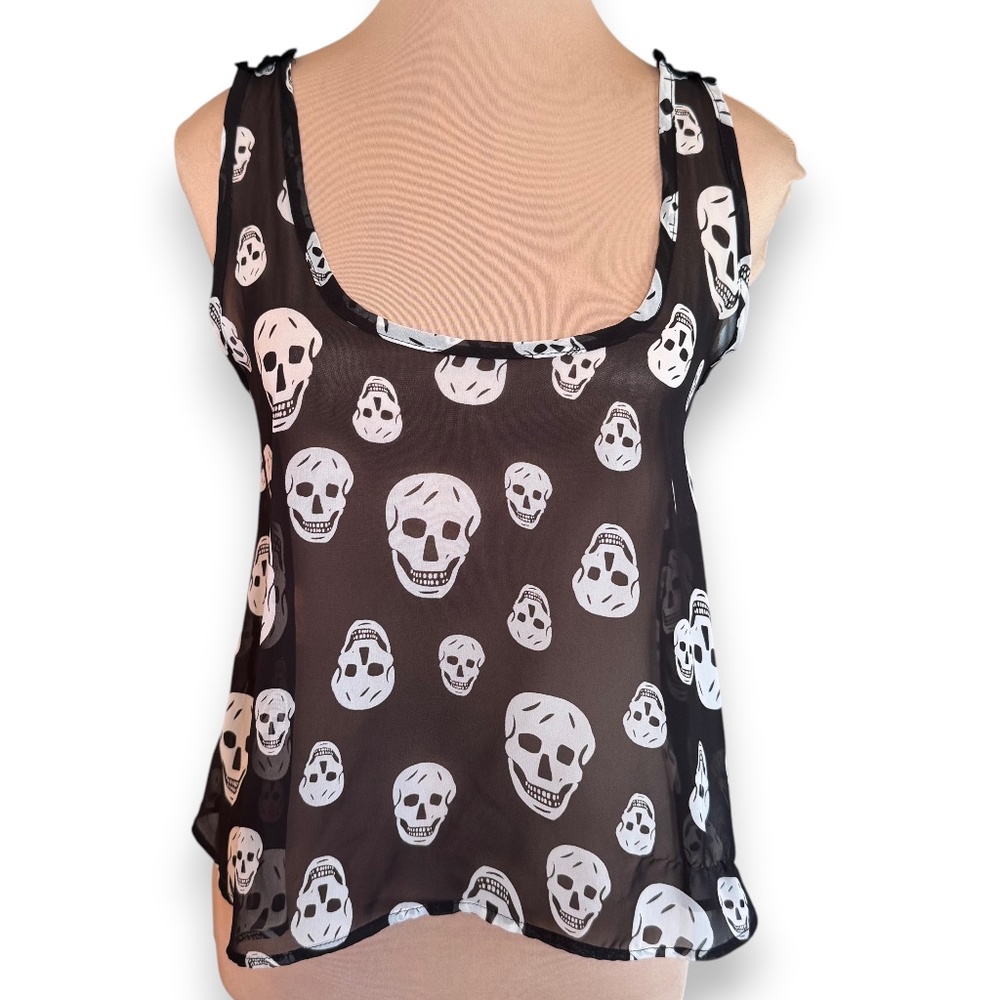 TOSKA Black Skull Print Sheer Tank Top Lace Back Size S